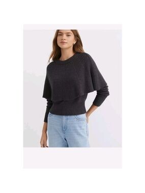 LOFT Charcoal Layered Ribbed Crewneck Sweater